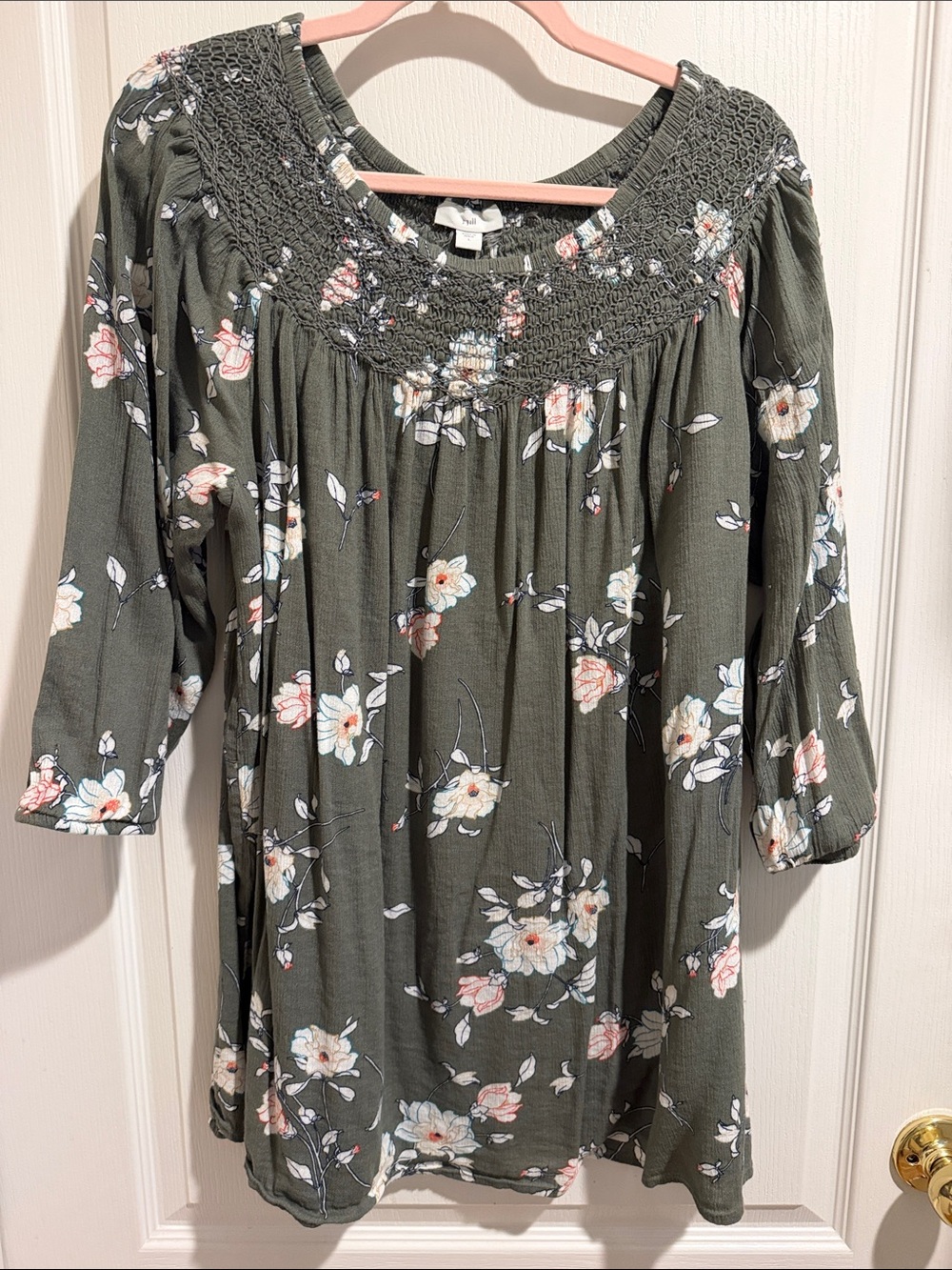 J. Jill Olive Green Floral Smocked Blouse